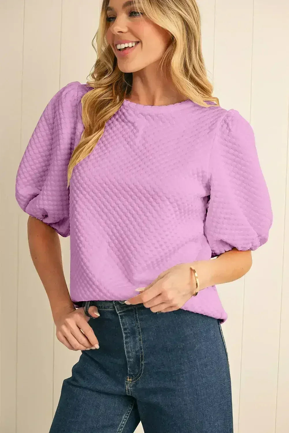 Phalaenopsis Solid Textured O Neck Puff Sleeve Blouse | Femstylo