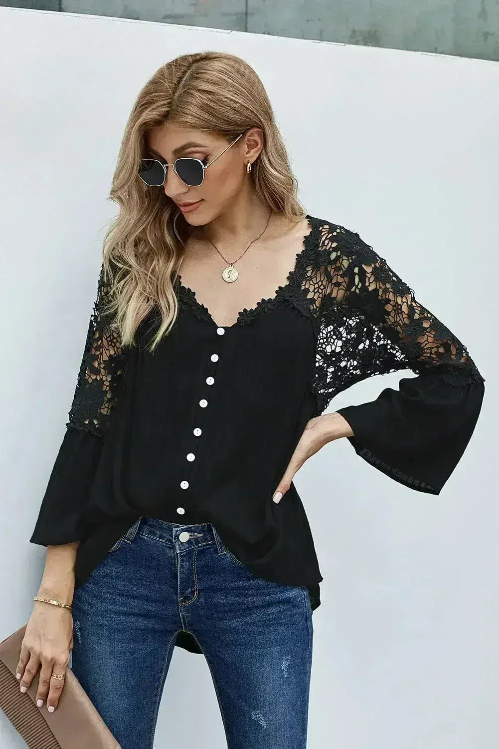 Black Crochet Lace Blouse - ¾ Bell Sleeve Button-Up Top for Women | Femstylo