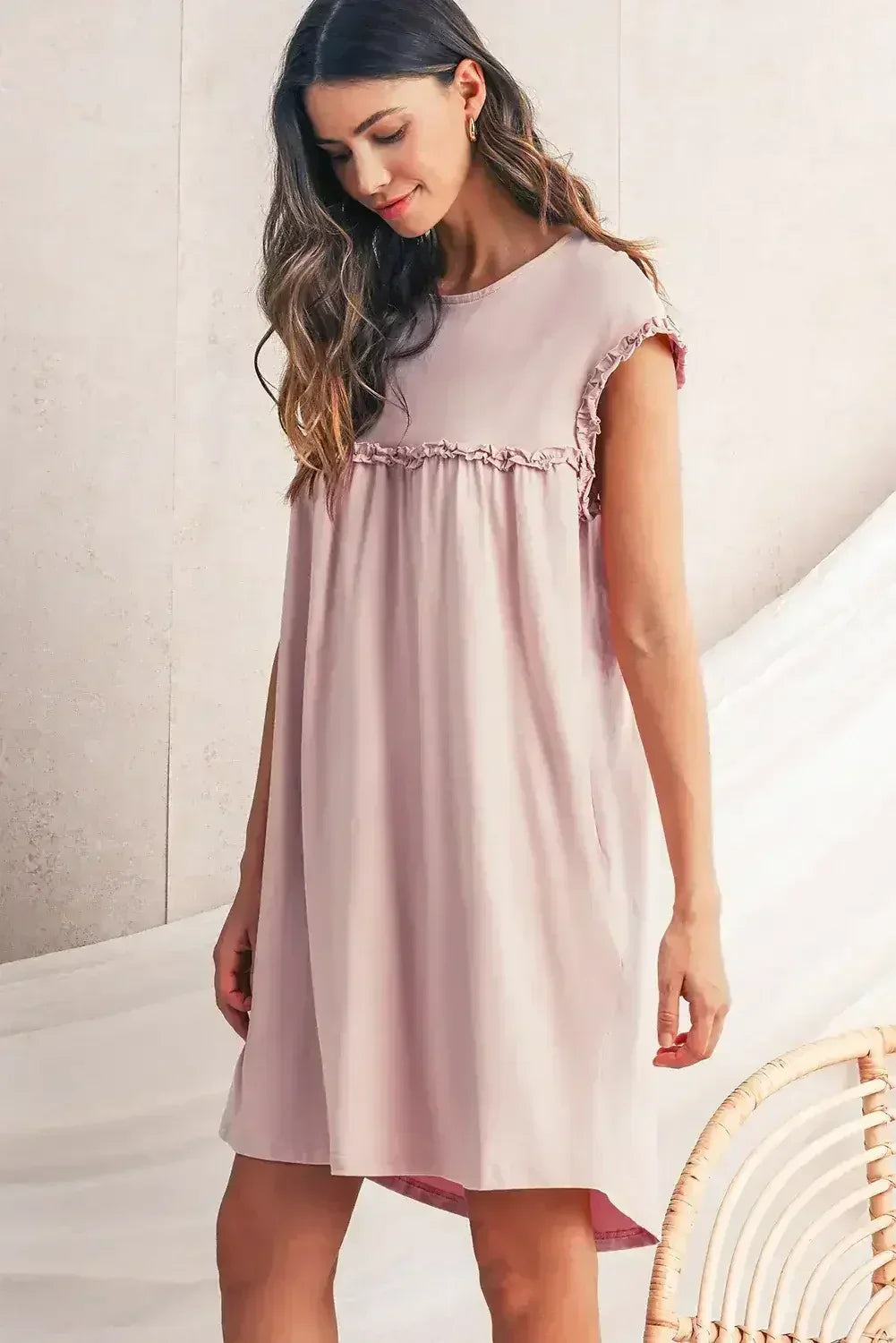 Oatmeal Frilled Trim Crewneck Loose Fit Mini Dress