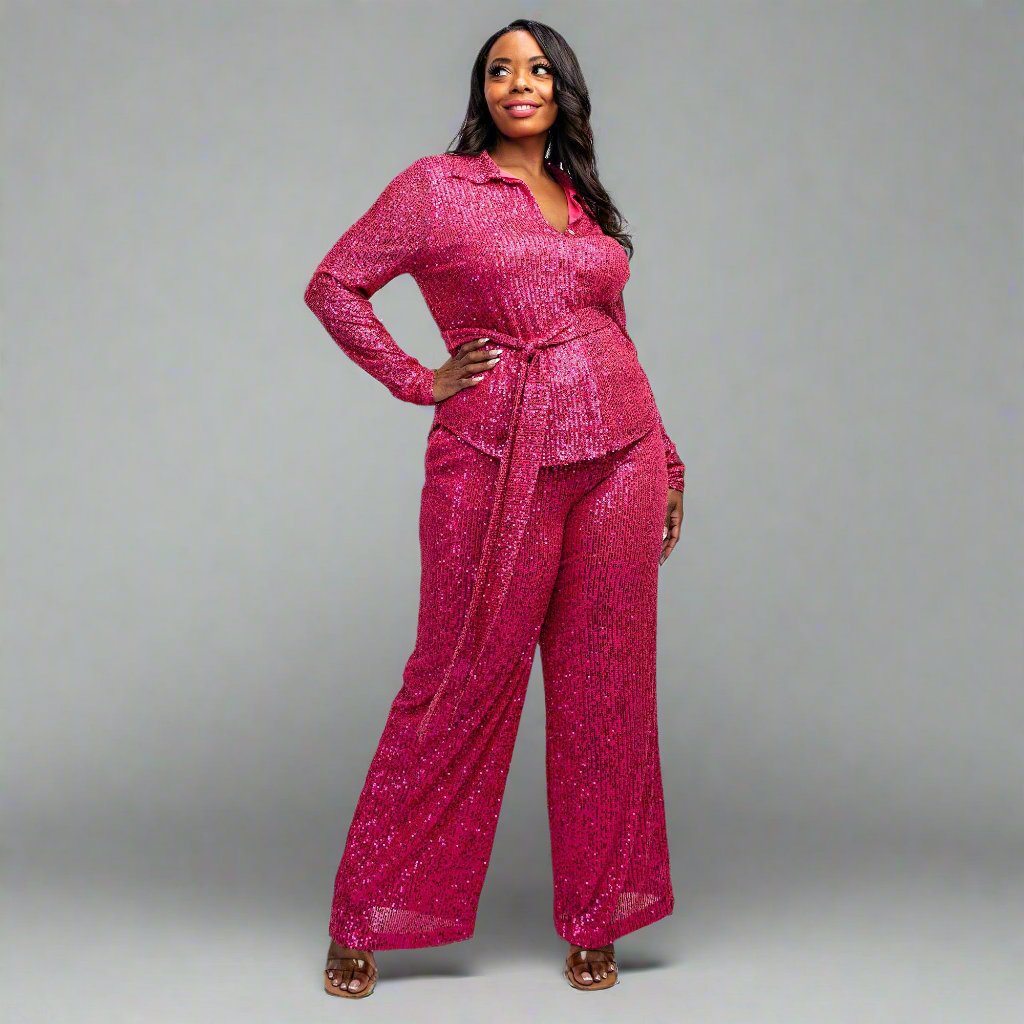 SYLVIA LUXURY PLUS SIZE SEQUIN SHIRT AND WIDE-LEG PANTS SET OUTFIT