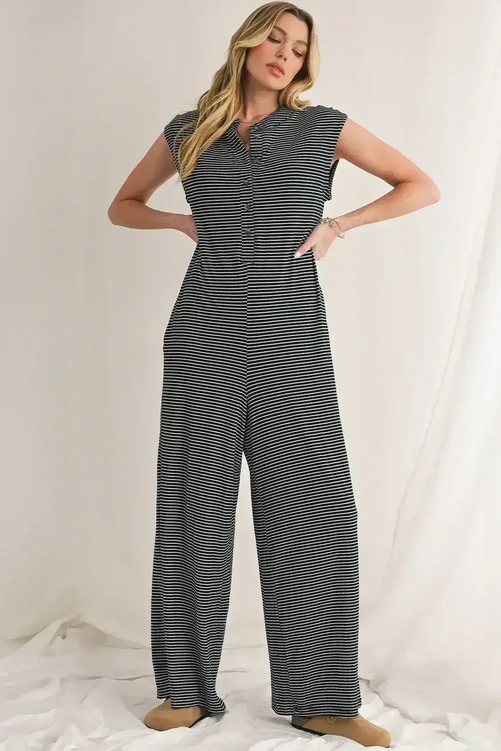 Black White Striped Button Sleeveless Jumpsuit