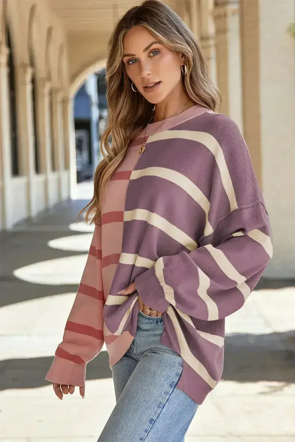 Pink Stripe Oversized Sweater - Colorblock Knit | Femstylo