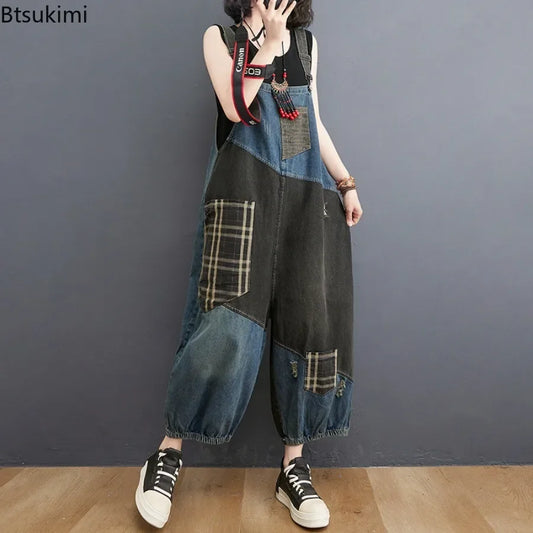 Oversized Denim Straps Pants Women's Fashion Plaid Patchwork Jumpsuits Casual Loose Ladies Wide Leg Reducing Age Jeans Rompers
