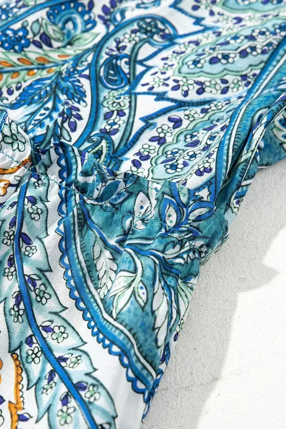 Blue Bohemian Paisley Floral V Neck Puff Sleeve Mini Dress