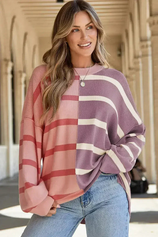 Pink Stripe Oversized Sweater - Colorblock Knit | Femstylo