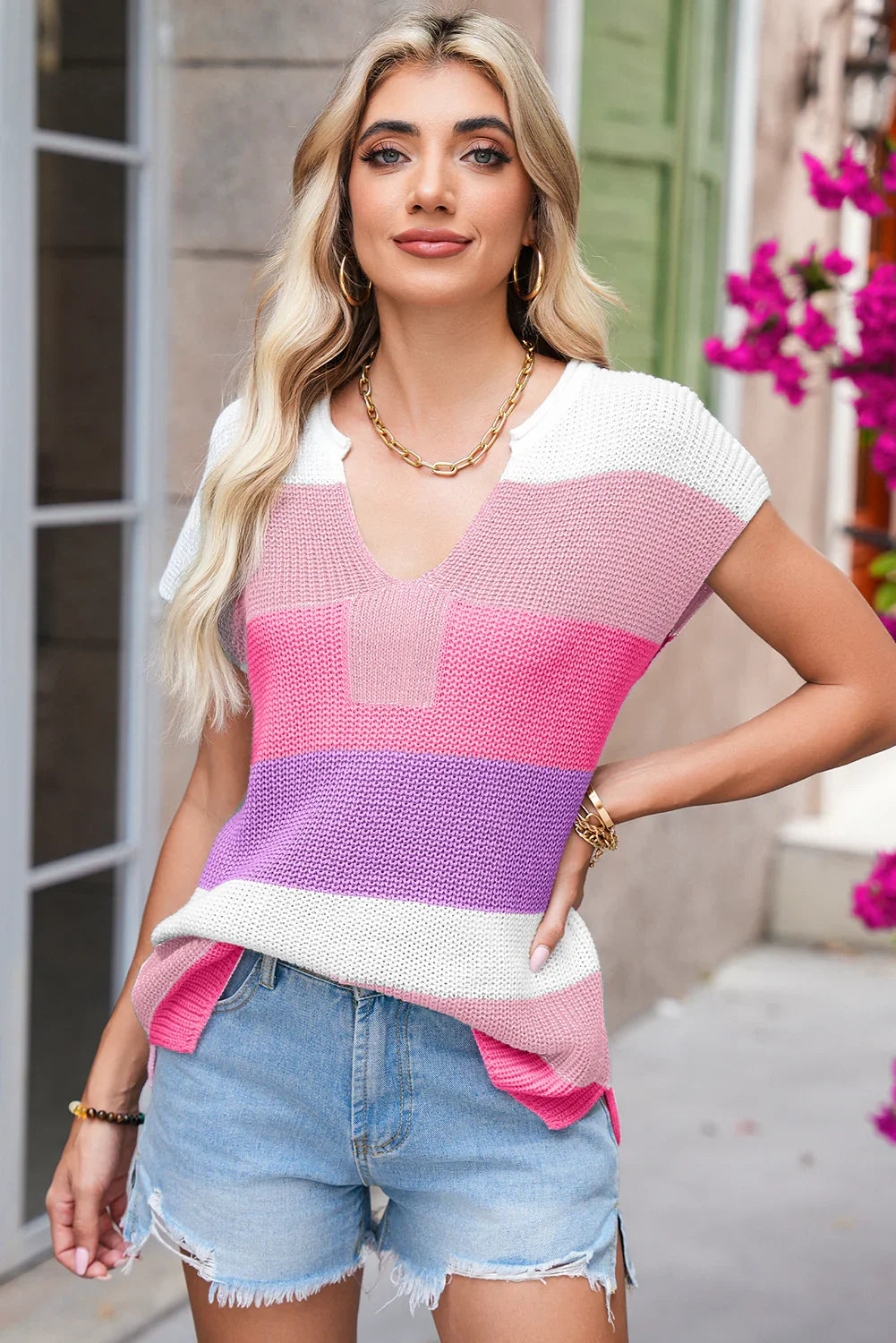 Multicolour Colorblock Notch V Neck Knit T Shirt
