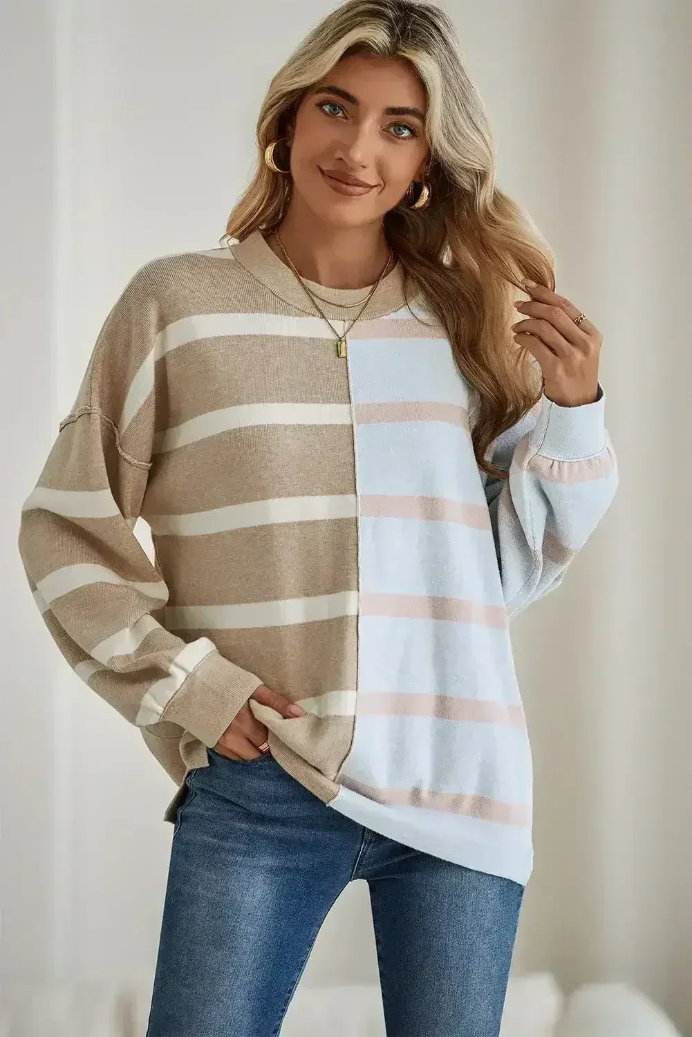 Pink Striped Patchwork Drop Shoulder Sweater