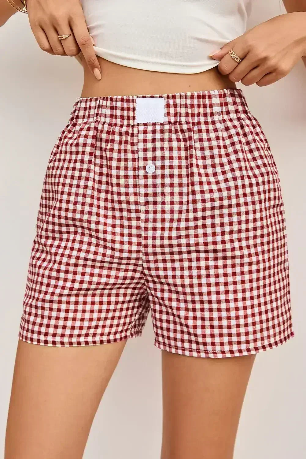Blue Vintage Gingham Print High Waisted Loose Shorts