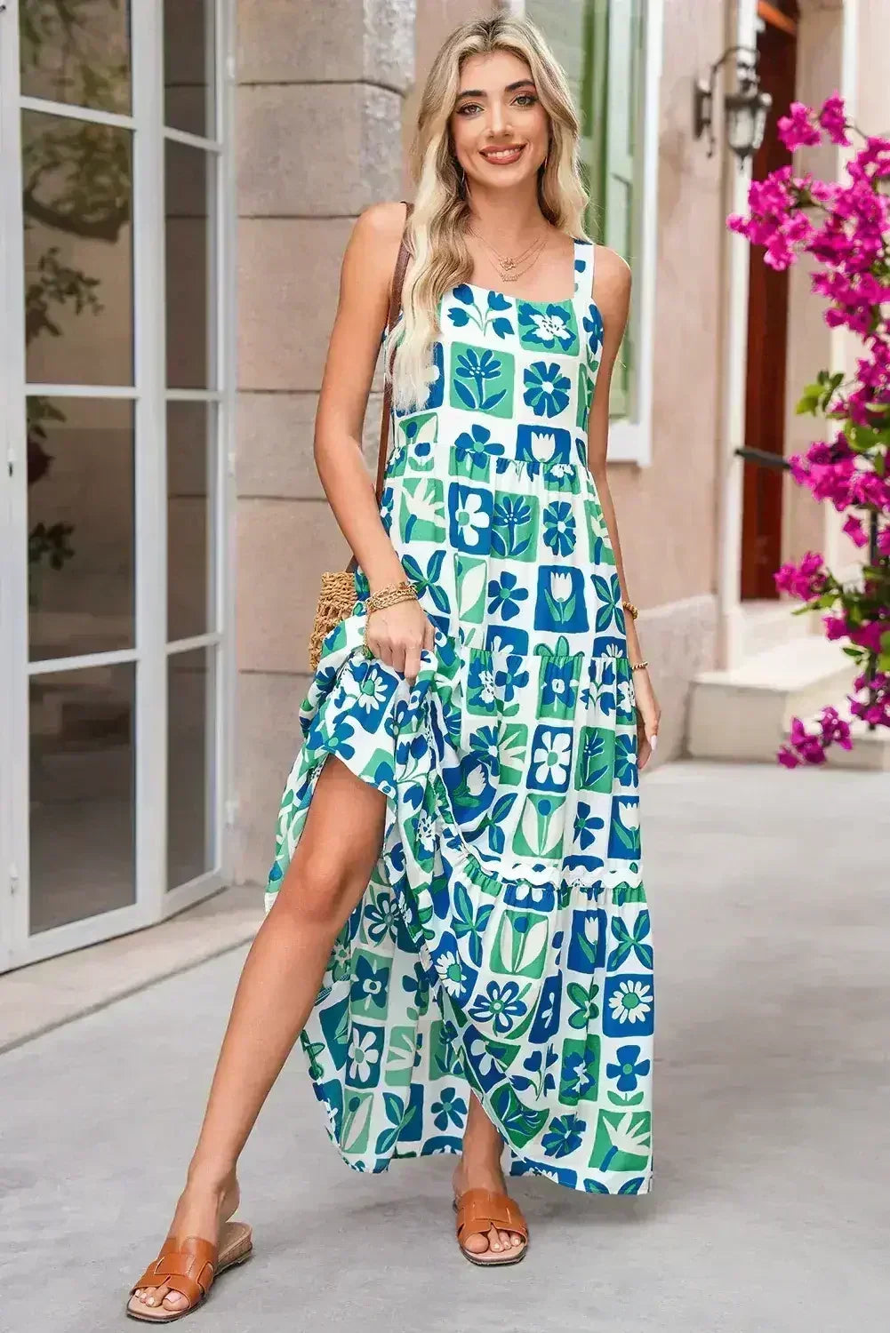 Multicolour Boho Floral Checkered Maxi Dress