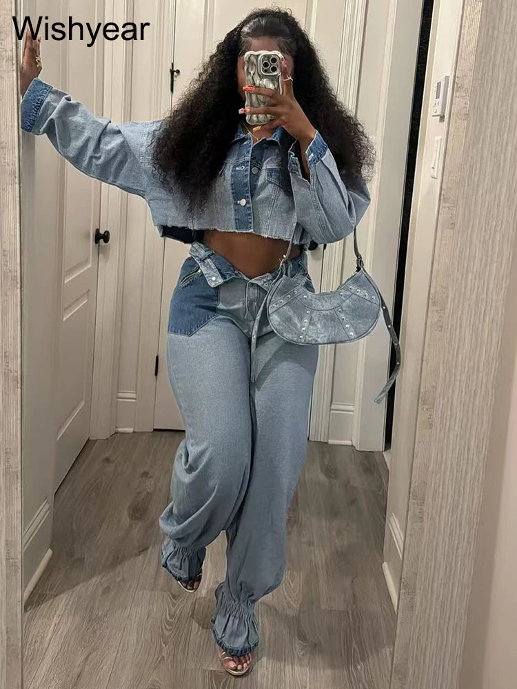 Streetwear Blue Patchwork Denim Two 2 Piece Pants Set Women Sales Long Sleeve Crop Tops and Flare Jeans Loose Matching Outfits