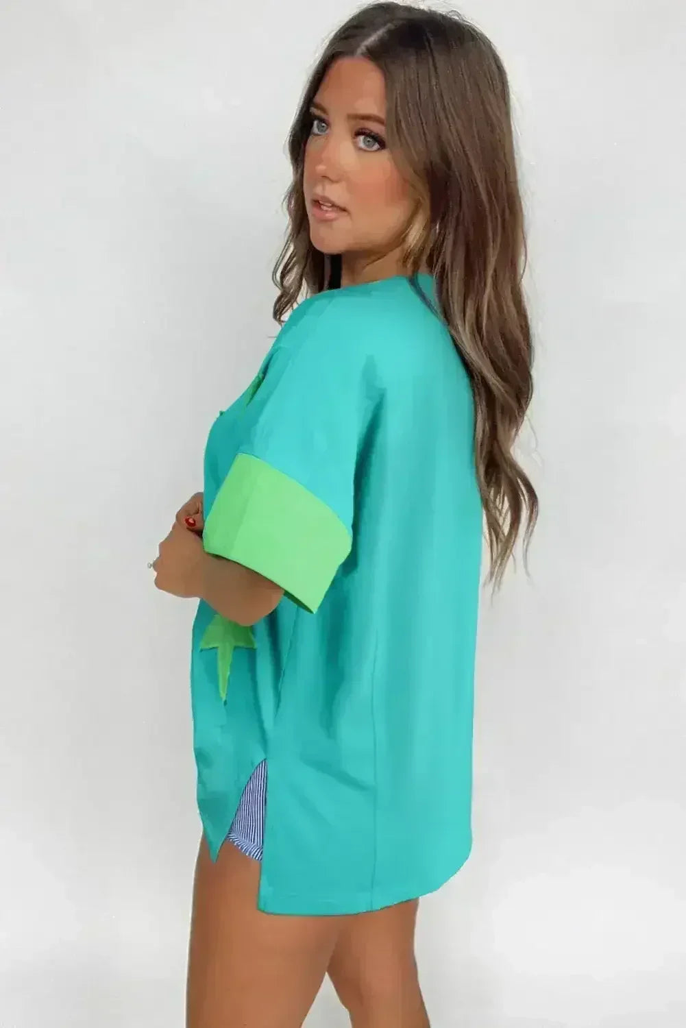 Aruba Blue Frayed Star Patched 4th of July Oversize T Shirt