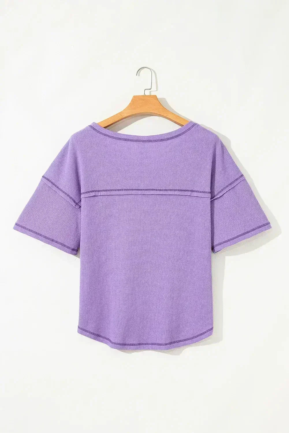 Blue Exposed Seam Drop Sleeve V Neck Waffle Textured Top