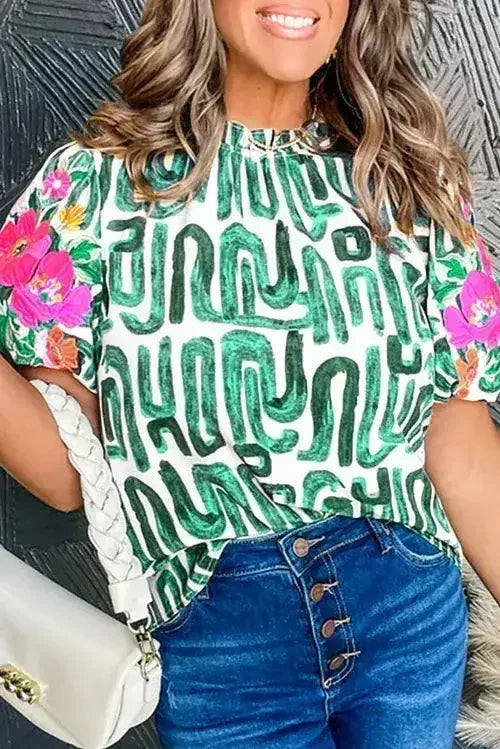 Beige Embroidered Puff Sleeve Frilled Neck Printed Top | Femstylo