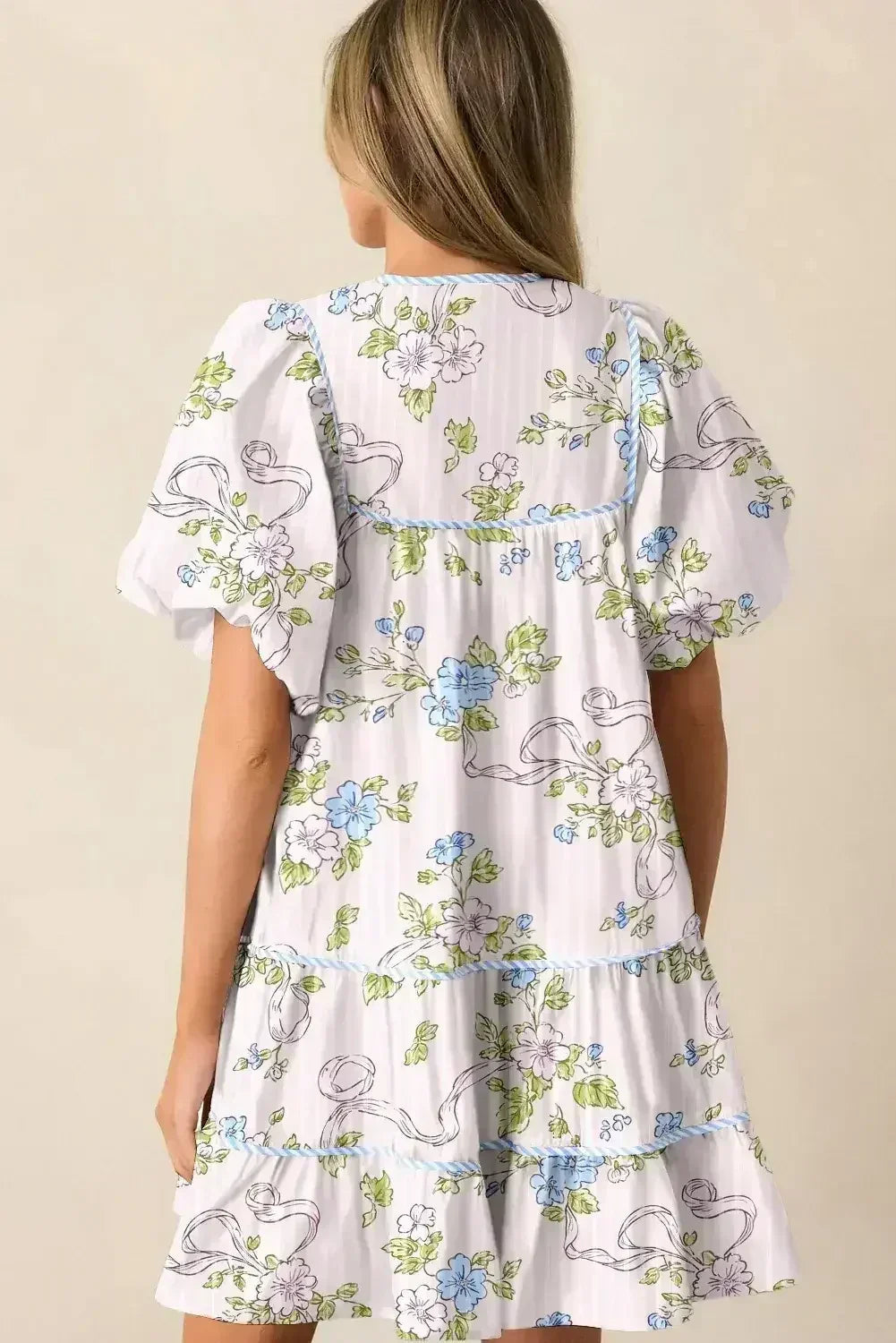 Pink Floral Striped Print Contrast Trim Tie Split Neck Mini Dress