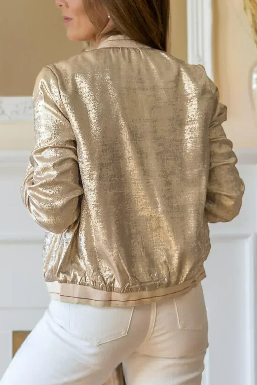 Pale Khaki Metallic Zip-Up Baseball Jacket – Femstylo