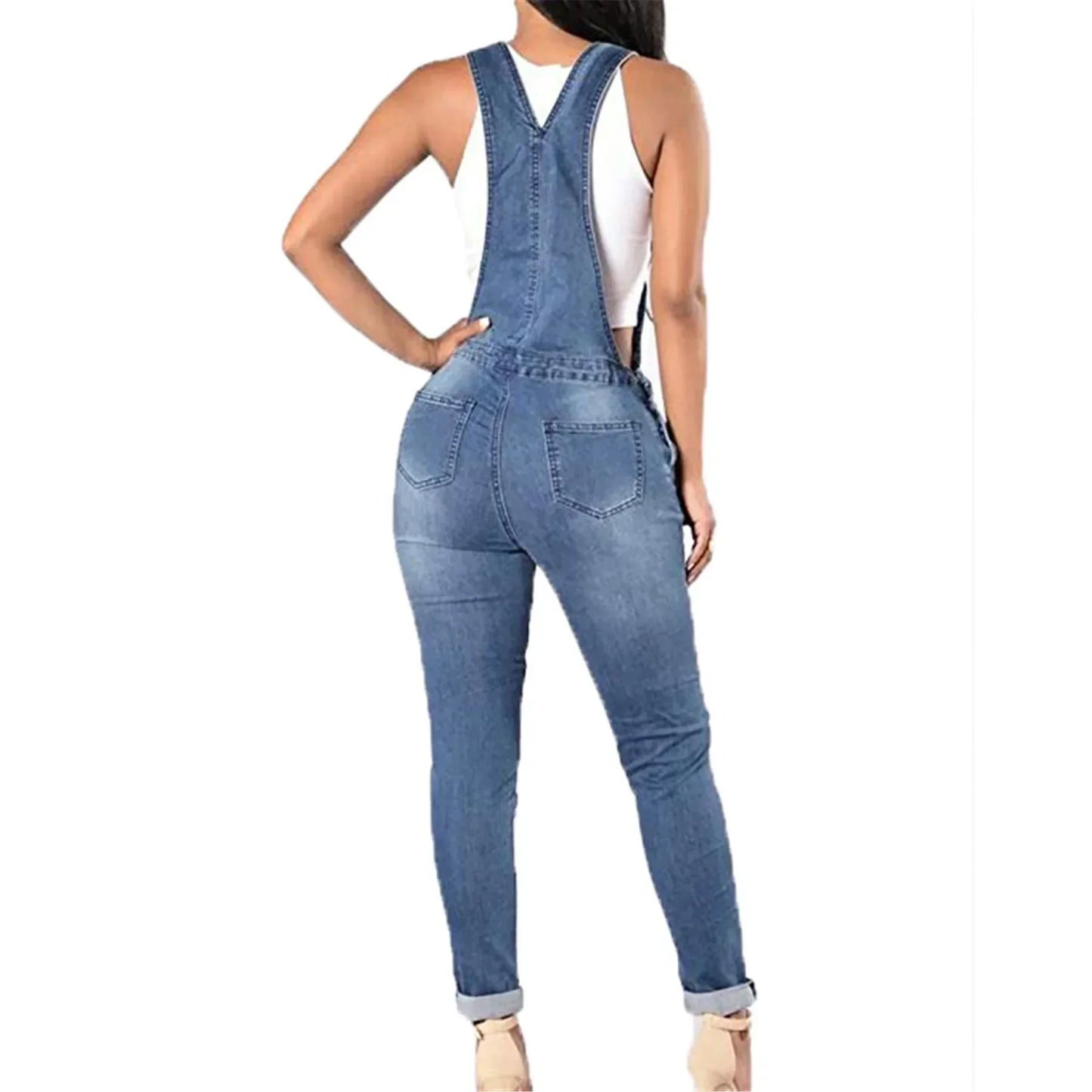 Salopette en jean pour femme, combinaison, pantalon crayon, effet usé, trous, poches, style Jenas, taille moyenne, coupe slim 