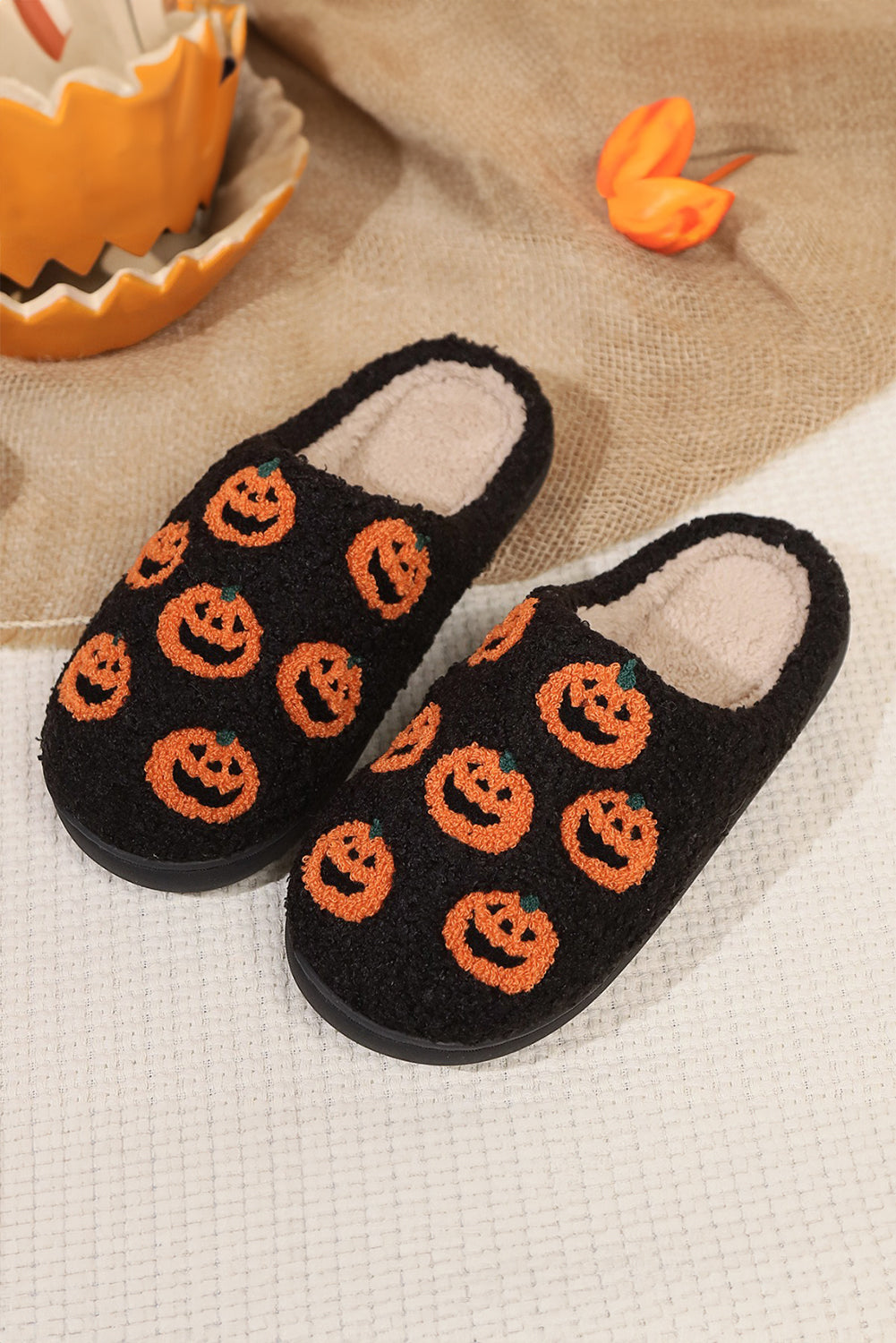 Black Halloween Pumpkin Plush Home Slippers With Non Slip