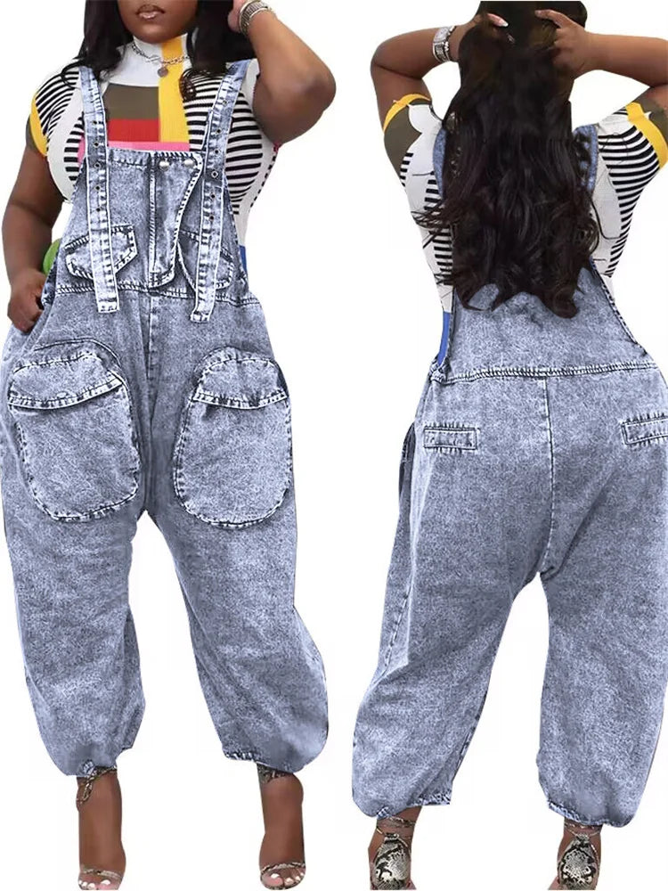 Wmstar Women's Jumpsuit Denim Cargo Pockets One Piece Outfits Wide Leg Black Fashion Streetwear Romper Wholesale Dropshipping