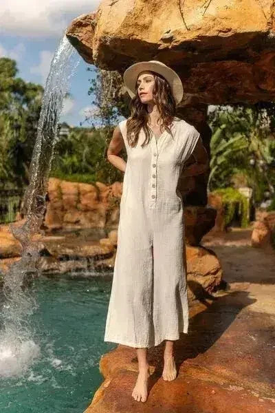 Annie Wear Wide Leg Jumpsuit with Button Detail and Pockets