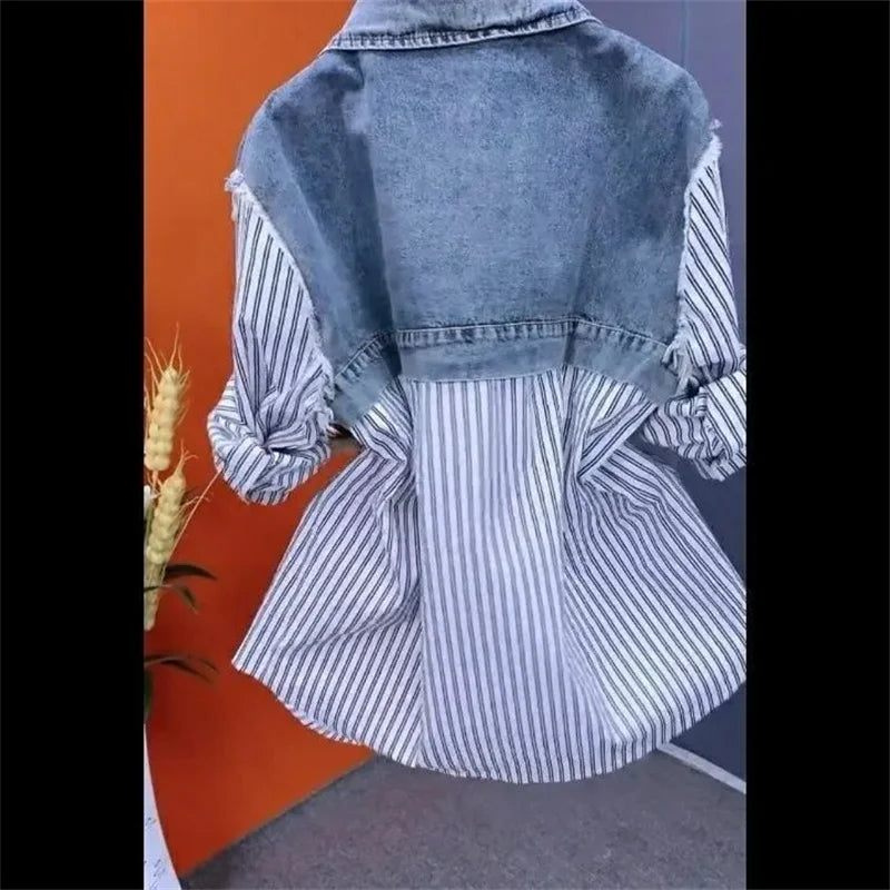 Women Denim Jacket Fake Two Denim Shirts 2025 New Spring Summer Autumn Casual Fashion Joker Stitching Striped Tops Coat Female