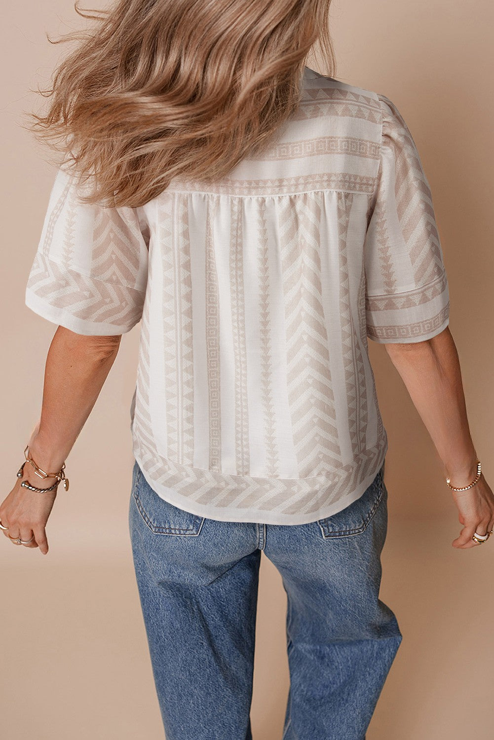 Analia Jacquard Split V Neck Short Sleeve Blouse