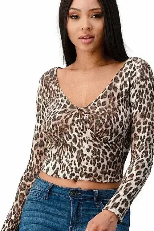 Animal Print Crop Top - Ruched Long Sleeve Blouse in Grey & Brown | Femstylo