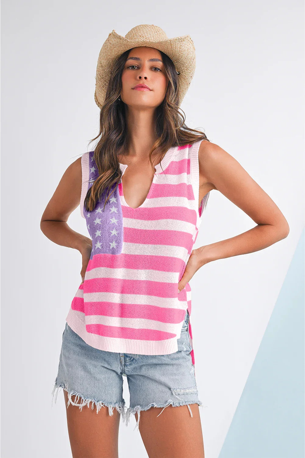 Beige USA Flag Notched Neckline Loose Knit Vest