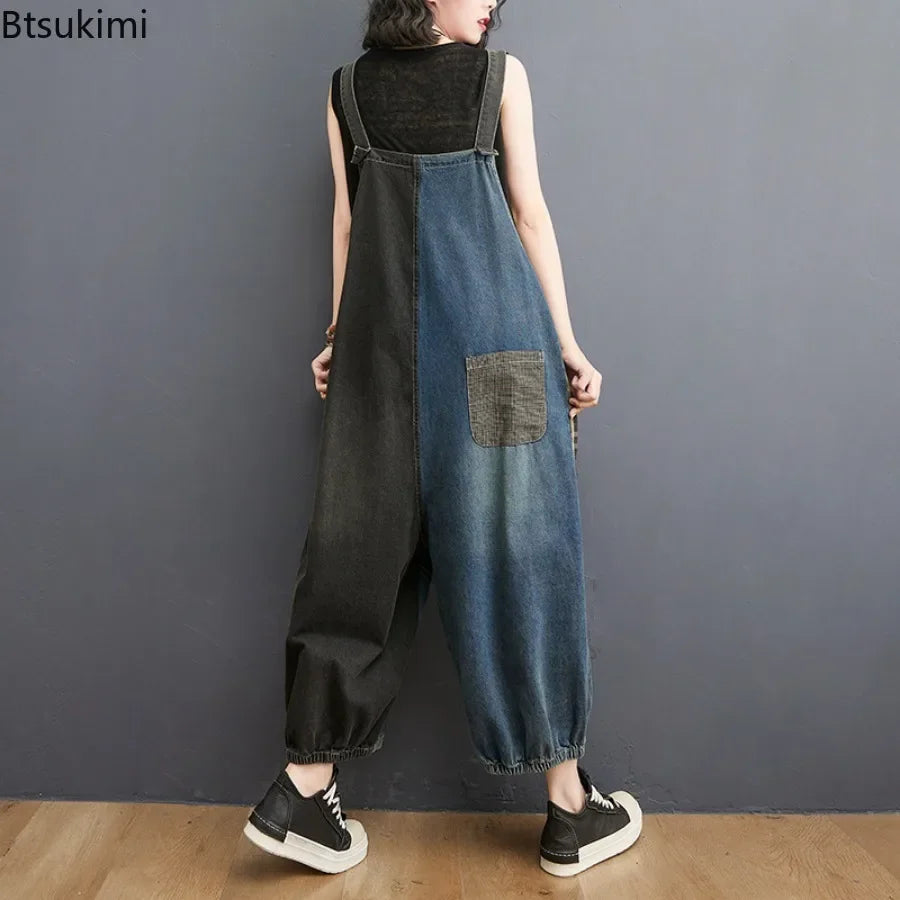 Oversized Denim Straps Pants Women's Fashion Plaid Patchwork Jumpsuits Casual Loose Ladies Wide Leg Reducing Age Jeans Rompers