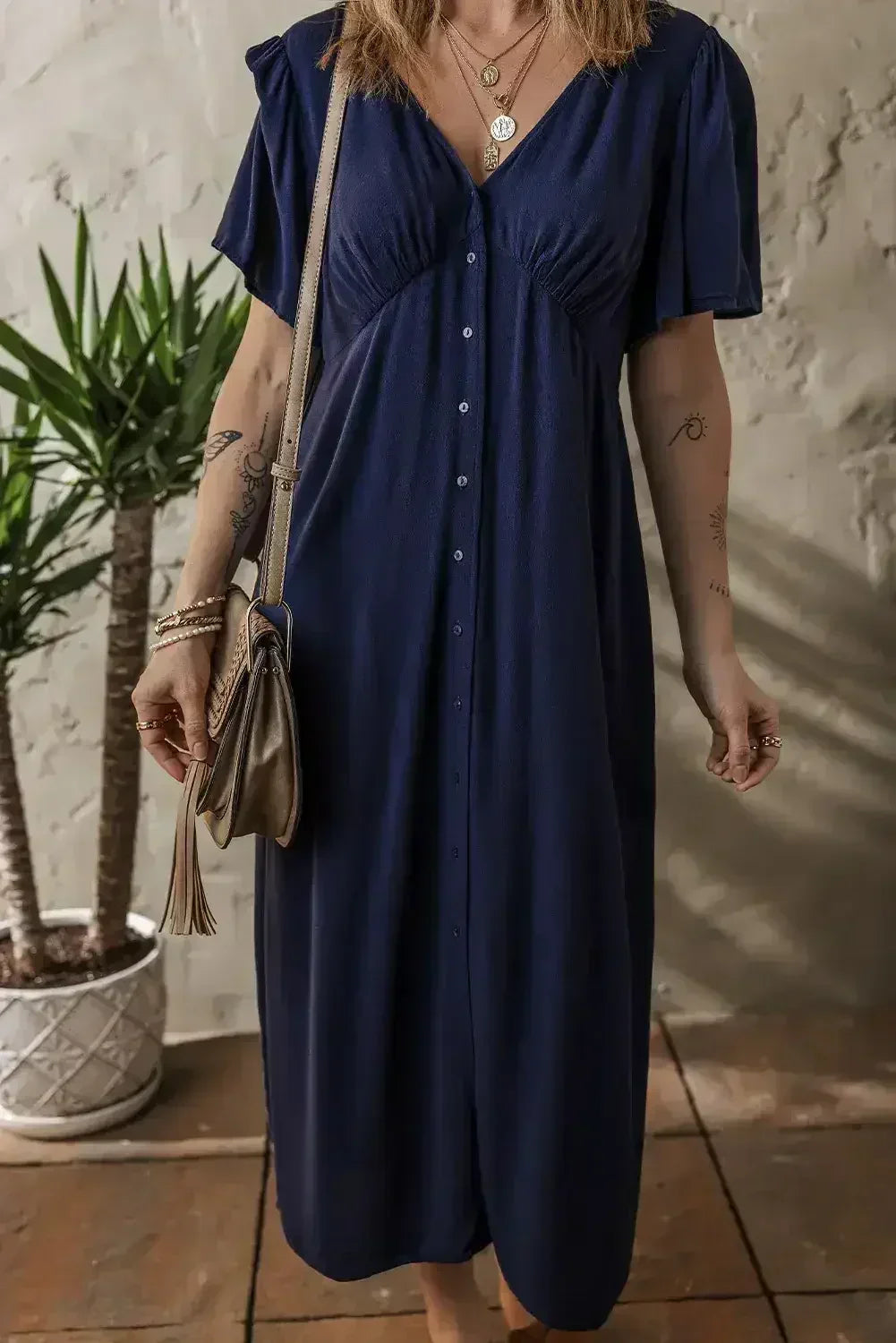 Navy Blue V Neck Buttoned Front Shirred Back Short Sleeve Midi Dress