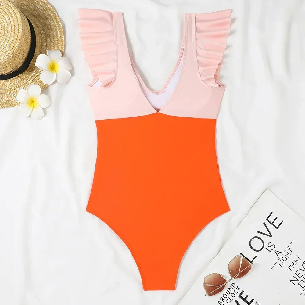 Black Color Block Cut Out Criss Cross One Piece Swimsuit