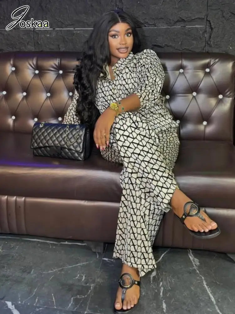 Ensemble 2 pièces imprimé Joskaa pour femme, chemisier oversize à manches longues et pantalon large, style streetwear Y2K 2025 