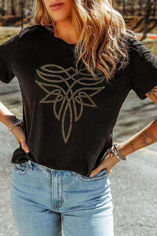 Black Rhinestone Boot Stitch Pattern Printed Cotton Blend Tee