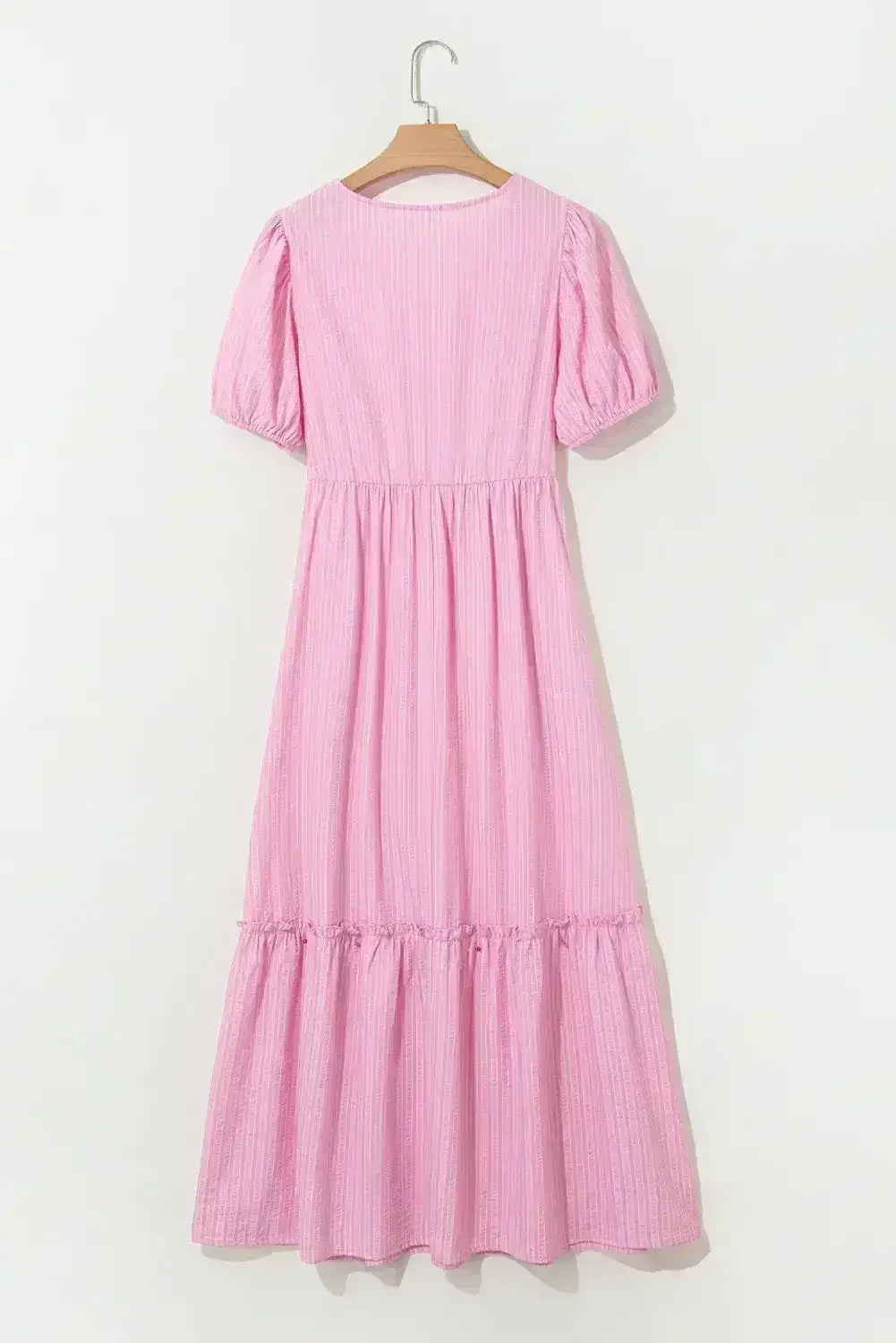 Pink Striped V Neck Puff Sleeve Frill Tiered Maxi Dress