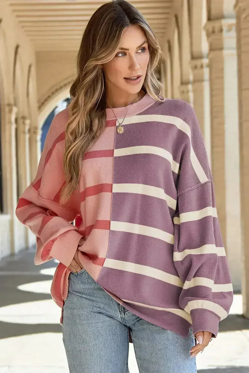 Pink Stripe Oversized Sweater - Colorblock Knit | Femstylo