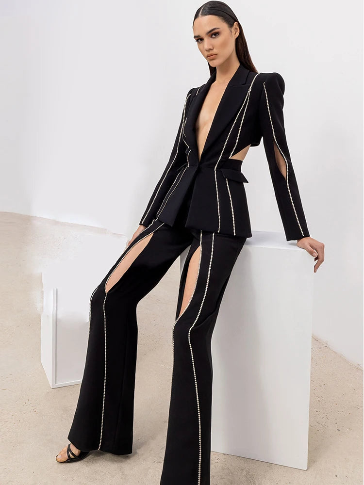 HIGH STREET Newest Fashion 2024 Designer Suit Set Women's Single Button Hollow Out Diamonds Beaded Blazer Flare Pants Set