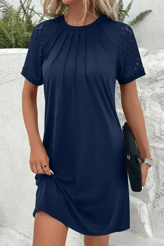 Navy Blue Contrast Lace Raglan Sleeve Pleated Mini Dress