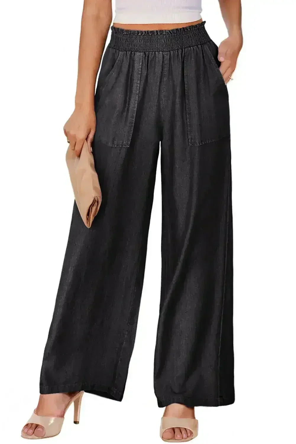 Black Side Pockets Frilled Smocked High Waist Wide Leg Jeans