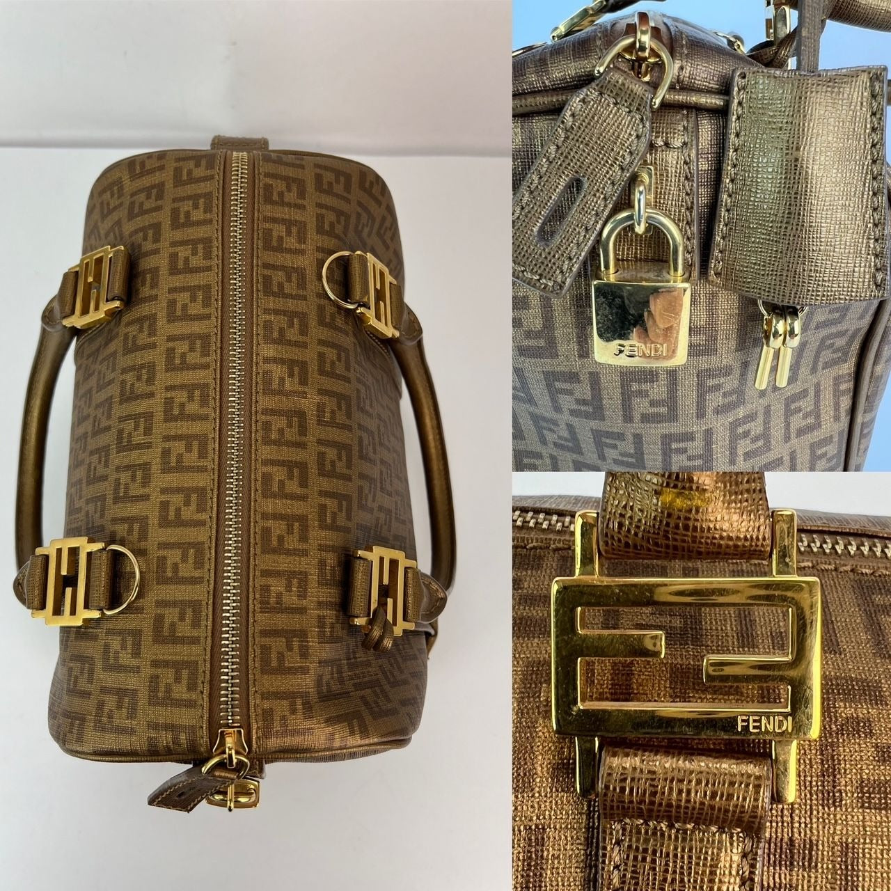 Fendi Boston Gold Coated Canvas Hand Bag