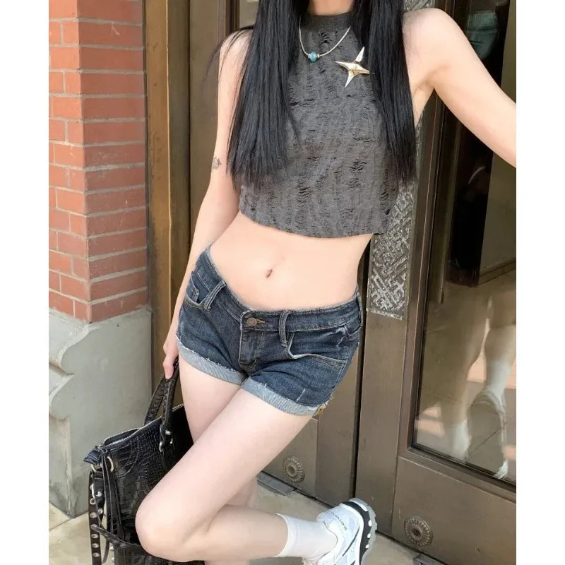 Women's Low Rise Elastic Tight Curled Denim Shorts Summer New Hot Girl Street Casual Hip Wrap Sexy Mini Shorts Female