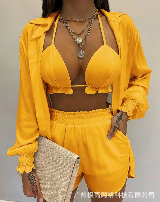 Lantern sleeve shirt and pocket design shorts set, solid color with ruffled edges and exposed navel top, new for 2025