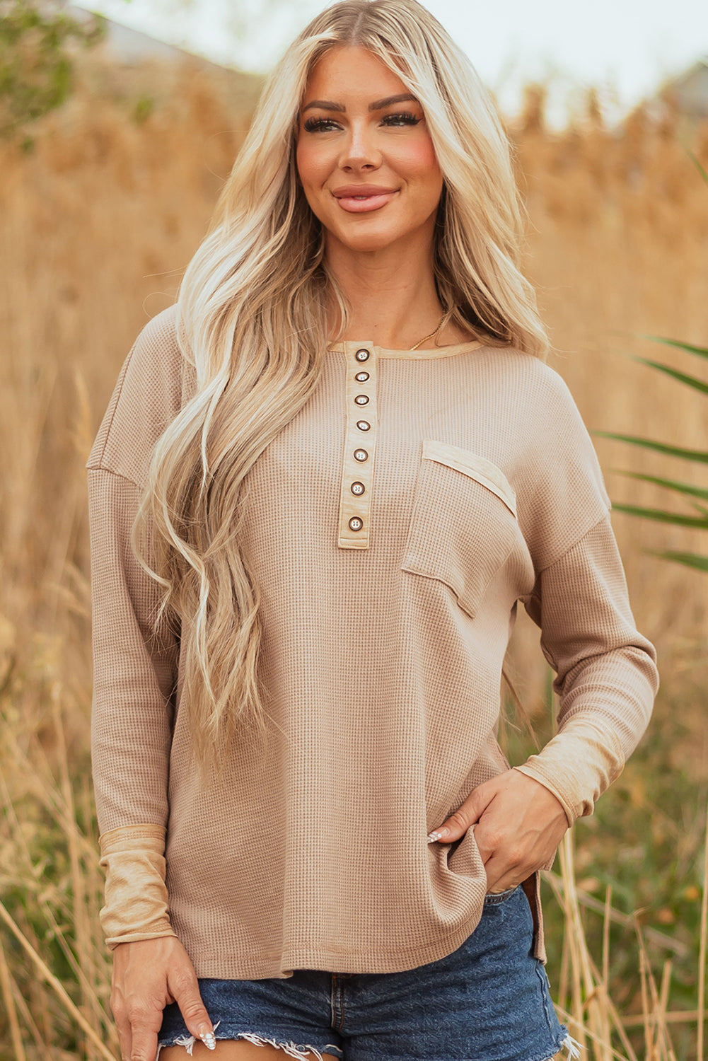 Blake Waffle Textured Tunic Henley Top with Slits