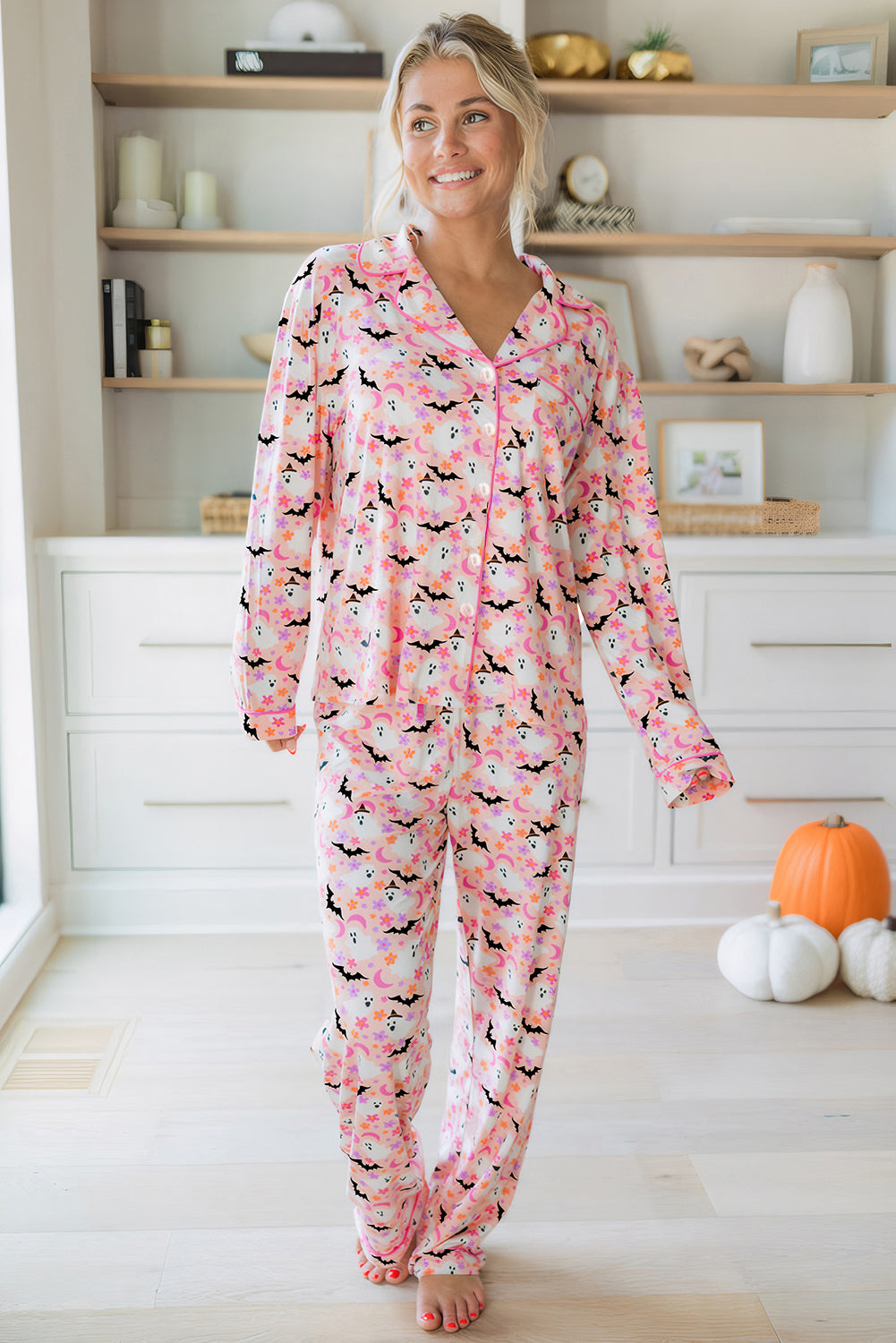 Pink Cute Floral Halloween Ghost Print Long Pajama Set