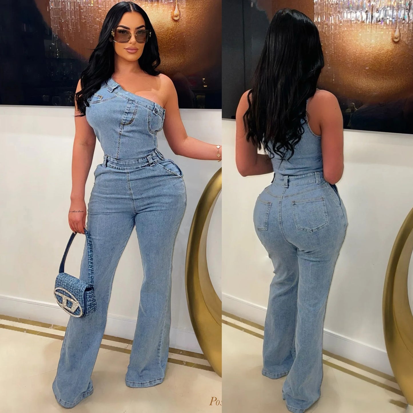 Salopette en denim pour femme, combinaison asymétrique, jean mom moulant, pantalon long évasé, taille haute, style streetwear Y2K, coupe slim 