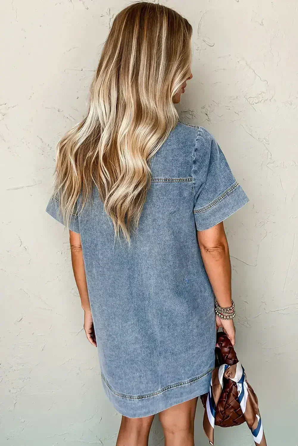 Beau Blue Short Sleeve Collared Chest Pocket Denim Mini Dress