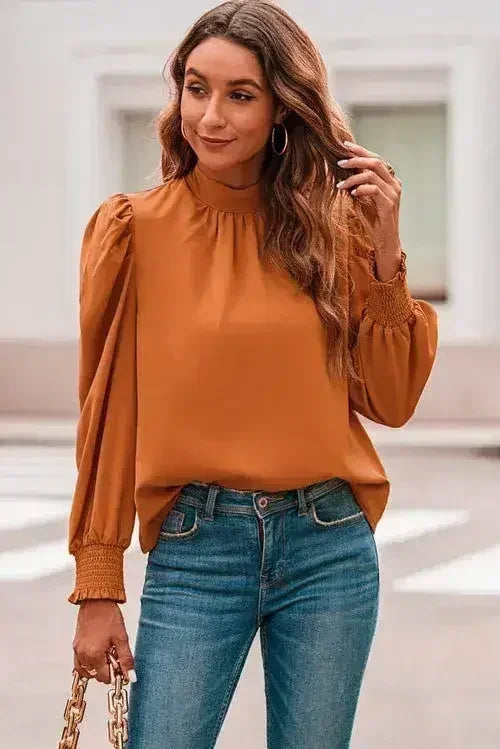 Orange Chiffon Blouse - Bubble Sleeves & Mock Neck | Femstylo