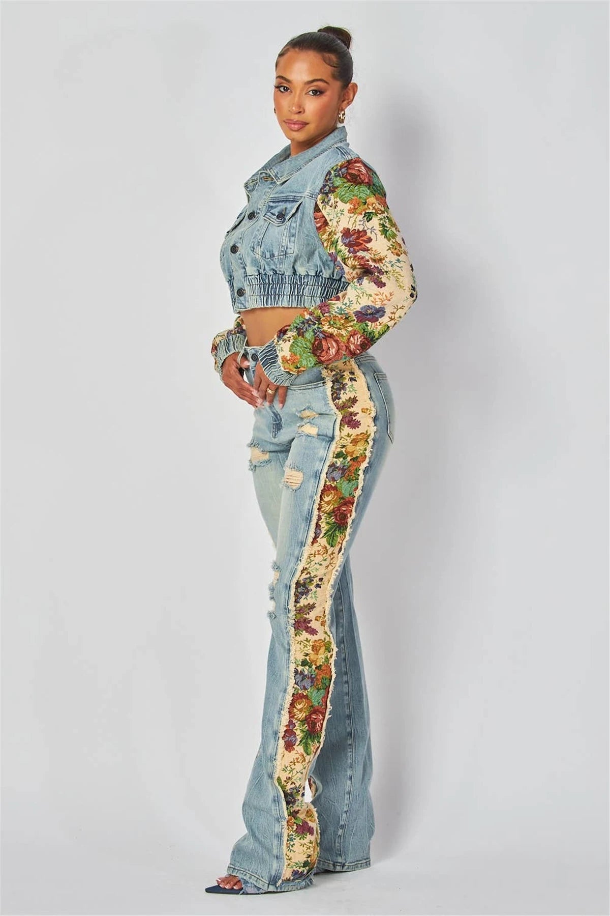 2024 Women's Printed Splicing Denim Jacket Long Sleeve and Piercing Jeans Long Pants Color Contrasting Set Two Piece Set