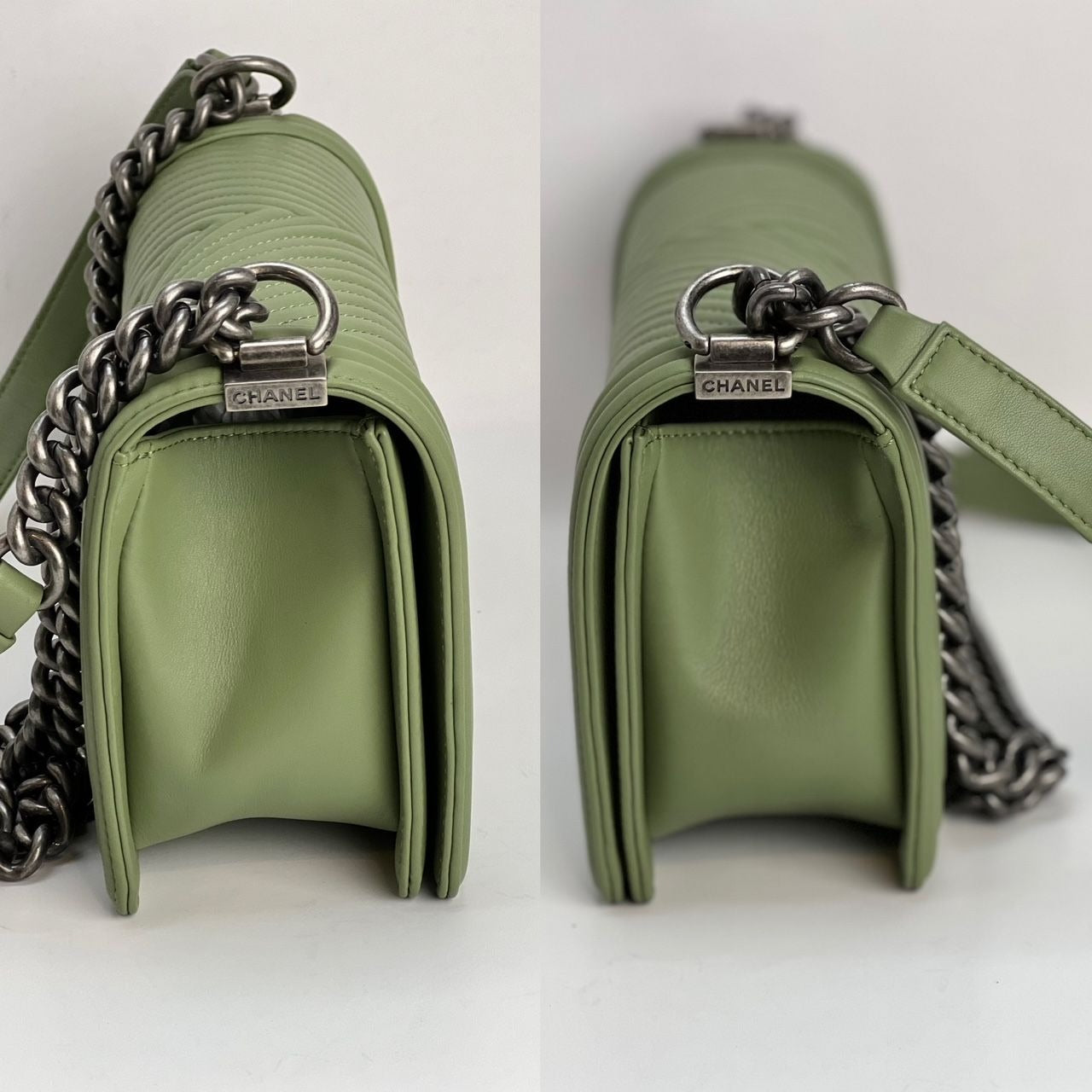 Sac Chanel Boy Flap moyen matelassé en cuir de veau à chevrons vert clair