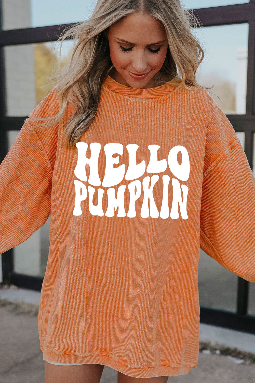 Orange Hello Pumpkin Letter Graphic Corded Sweatshirt