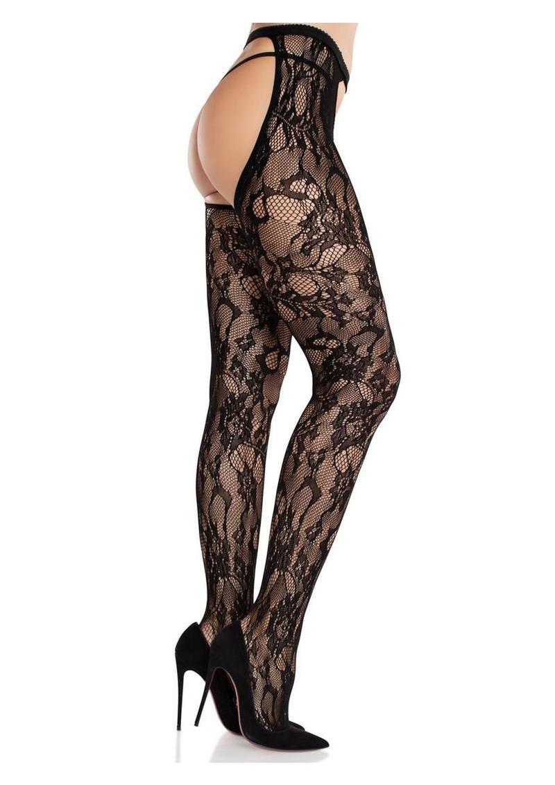 Eyelet Rose Lace Crotchless Tights with Cheeky Open Back