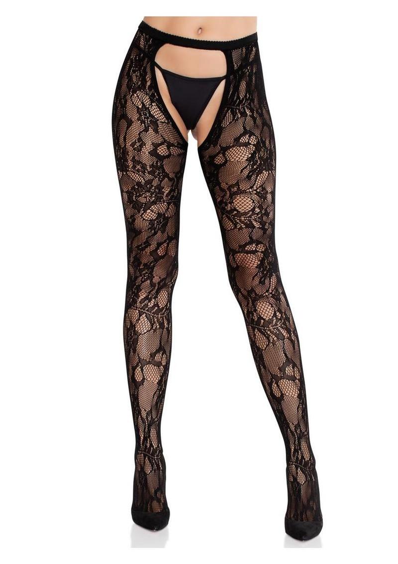 Eyelet Rose Lace Crotchless Tights with Cheeky Open Back